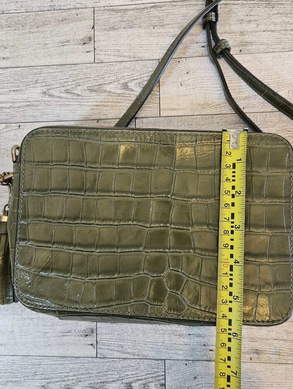 Michael Kors Ginny Croc Embossed Tassel Charm Crossbody Bag Green - Picture 8 of 11